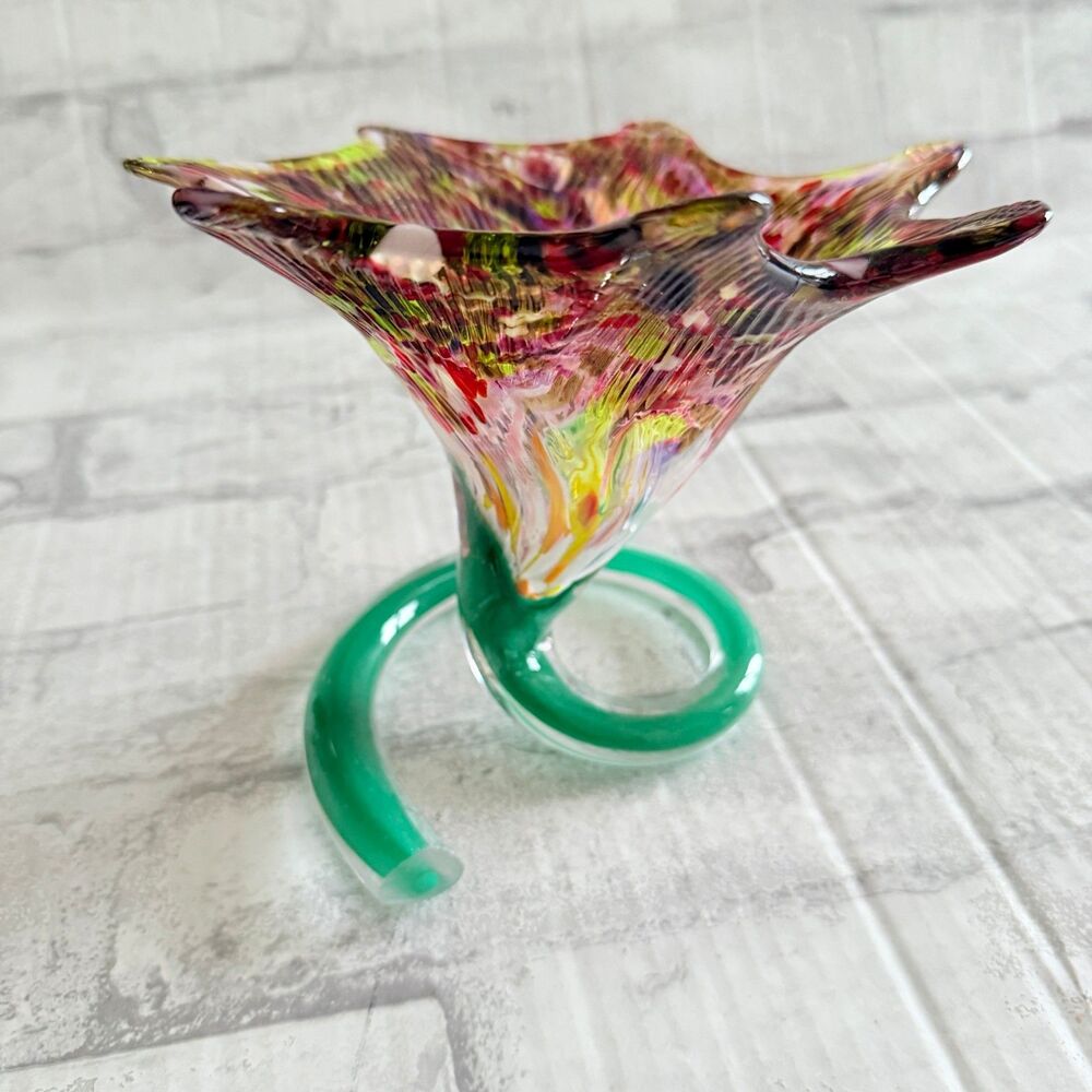 Vintage Art Glass Hand Blown Multicolor Flower Vase Spiral Stem Star Rim